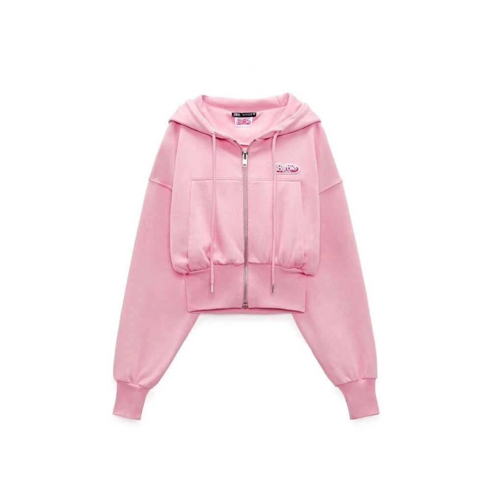 ZARA BARBIE THE MOVIE PINK SWEATSHIRT CROPPED FULL ZIP HOODIE SIZE LARGE